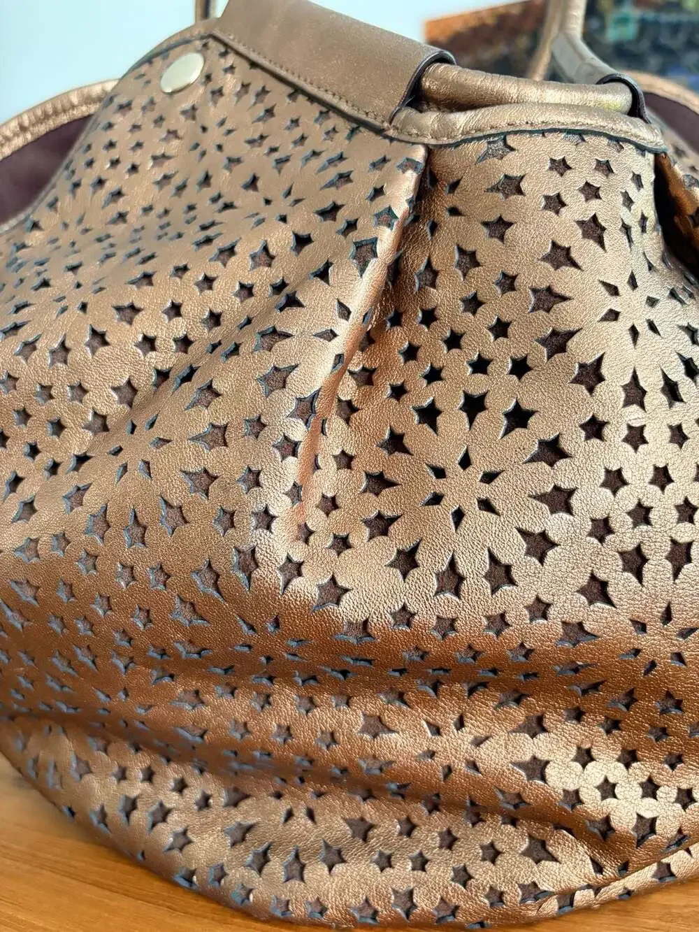 Jimmy Choo Metallic Bronze Star Perforated Leather Tote Shoulder Bag